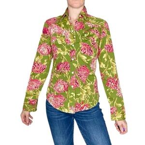 NWT Lucky Brand Green Pink Floral Western Button Down Embroidered Shirt